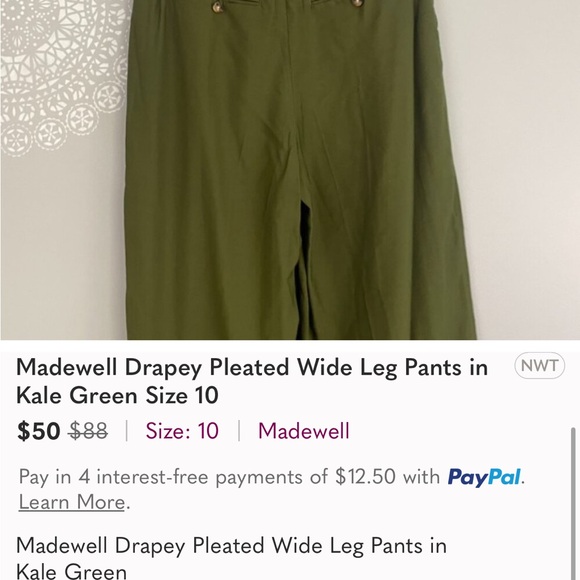 Madewell Drapey Pleated Wide Leg Cropped Pants in Kale Green Size 10 - Picture 3 of 7